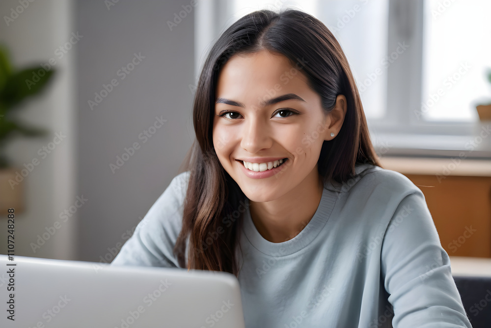 Young smiling businesswoman working on laptop at home office Young smiling businesswoman working on laptop at home office