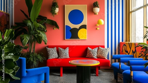 Stylish Memphis-inspired interior, colorful seating in red and blue, geometric decor elements, vibrant accents, and fresh greenery