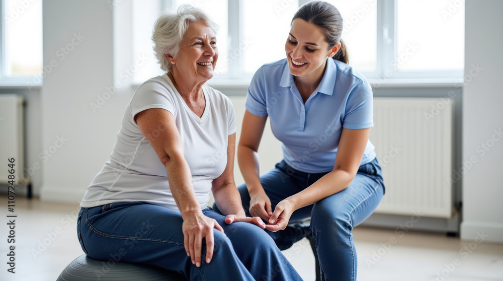 Woman Engaged in Supportive Physical Therapy Session Using Stability Ball Woman Engaged in Supportive Physical Therapy Session Using Stability Ball