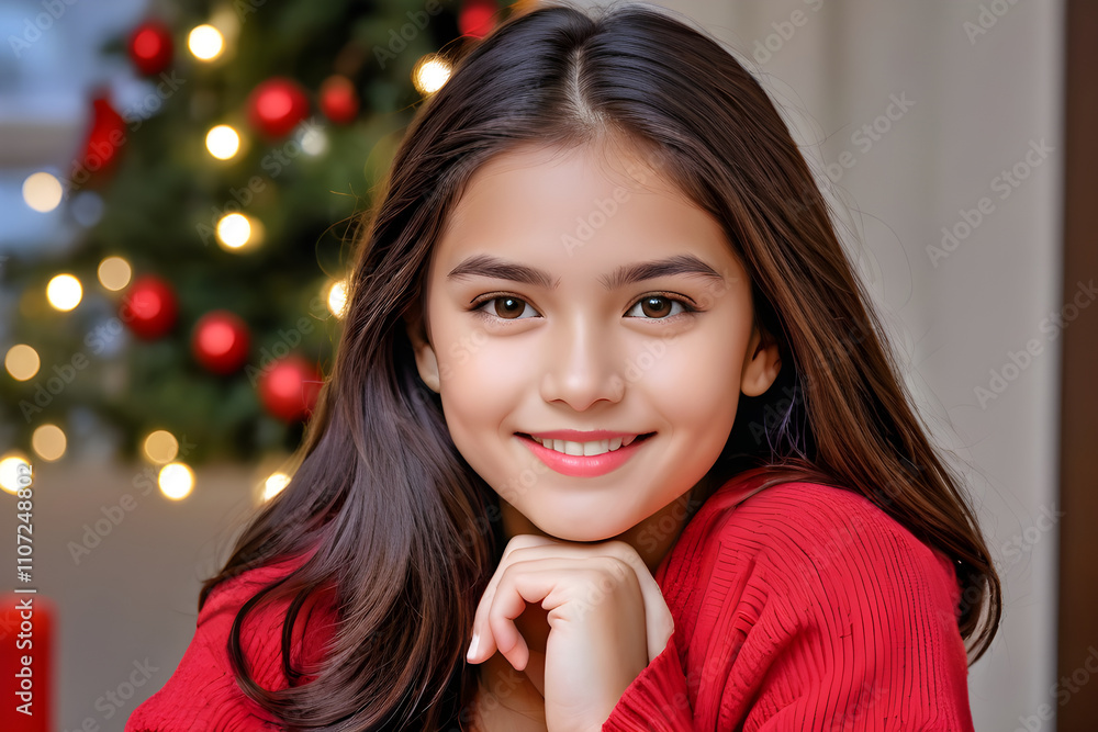 Smiling girl with hands on chin posing in front of christmas tree Smiling girl with hands on chin posing in front of christmas tree