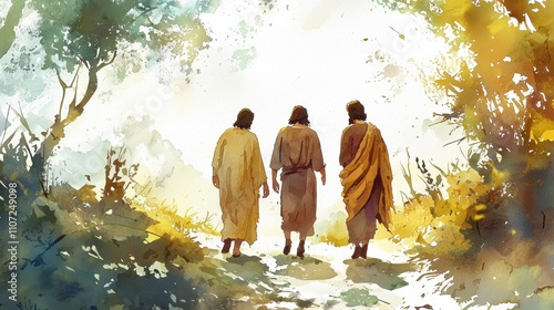 watercolor illustration of Jesus walking with two disciples on the road to Emmaus after His resurrection. The scene is filled with soft, warm hues of the countryside, conveying peace and revelation