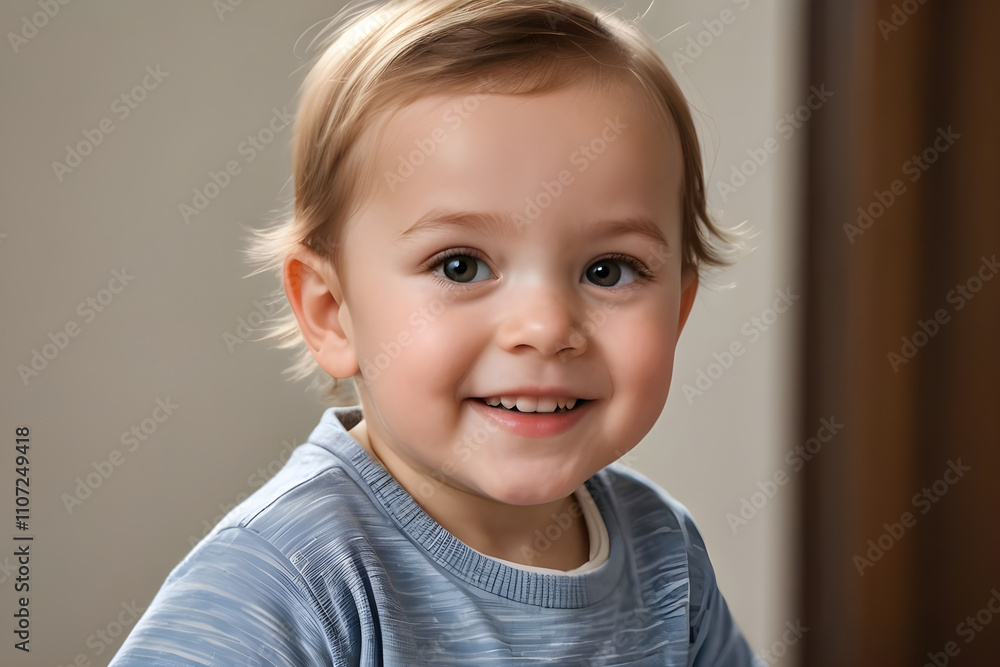 Portrait of smiling baby boy with blond hair and blue shirt Portrait of smiling baby boy with blond hair and blue shirt