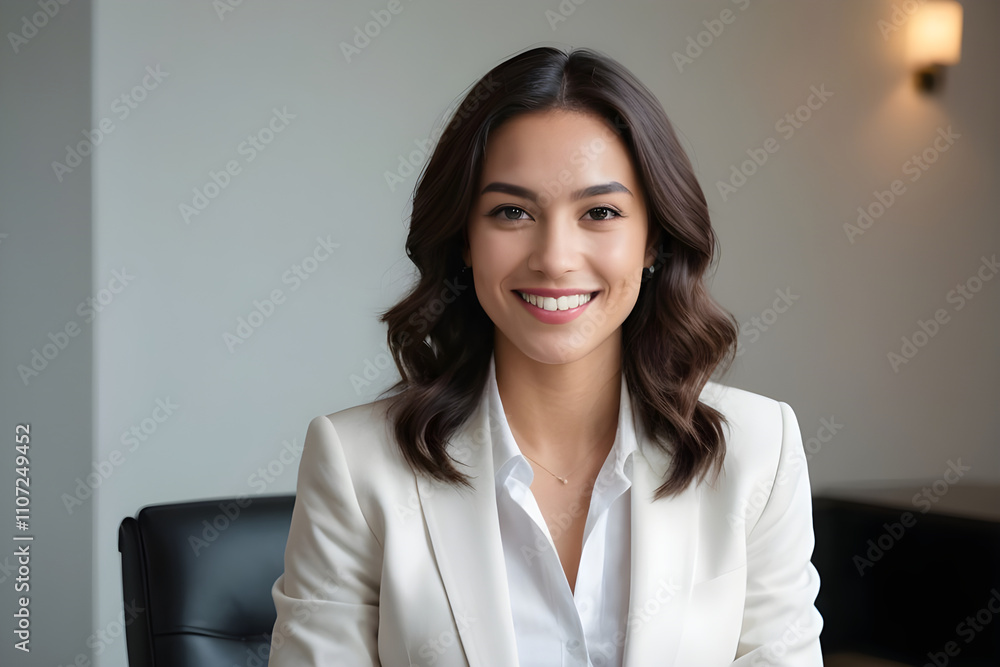 Smiling businesswoman wearing white blazer sitting in office Smiling businesswoman wearing white blazer sitting in office