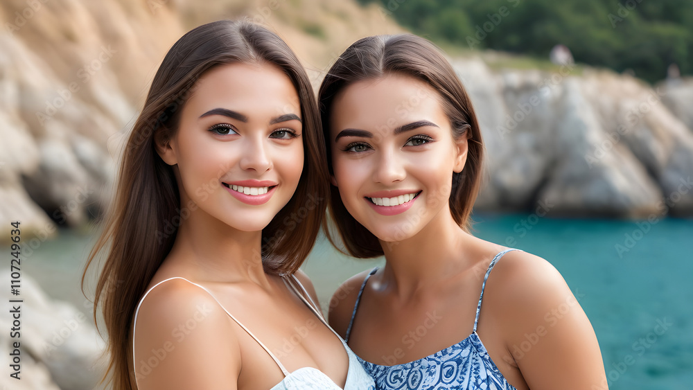 Two smiling young women posing on a tropical beach Two smiling young women posing on a tropical beach