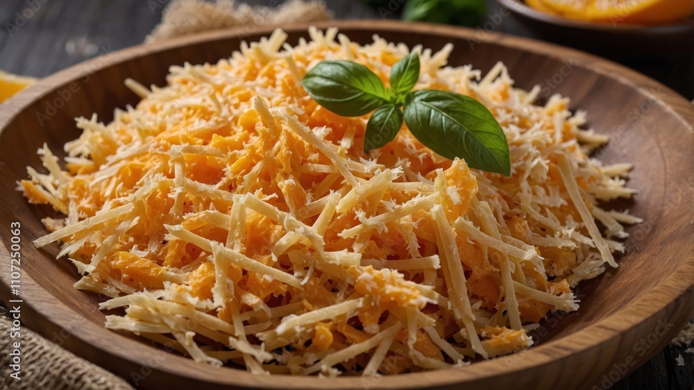 Grated orange cheddar cheese in wooden bowl Grated orange cheddar cheese in wooden bowl
