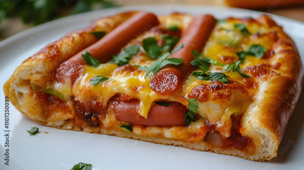 Creative Scene of a Delectable Hot Dog Pizza Mashup with Juicy Hot Dogs Stuffed into a Golden Brown Crust, Decorated with Zesty Toppings Creative Scene of a Delectable Hot Dog Pizza Mashup with Juicy Hot Dogs Stuffed into a Golden Brown Crust, Decorated with Zesty Toppings