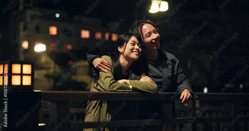 Bridge, couple and happy at night with hug for bonding, sightseeing and explore for fun in Japan. People, relationship and smile outdoor on evening date for fresh air, support and care as lovers Bridge, couple and happy at night with hug for bonding, sightseeing and explore for fun in Japan. People, relationship and smile outdoor on evening date for fresh air, support and care as lovers