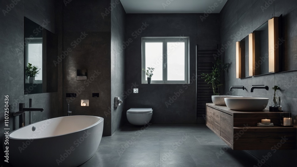 Fototapeta premium Gray wall and white ceramic toilet in bathroom