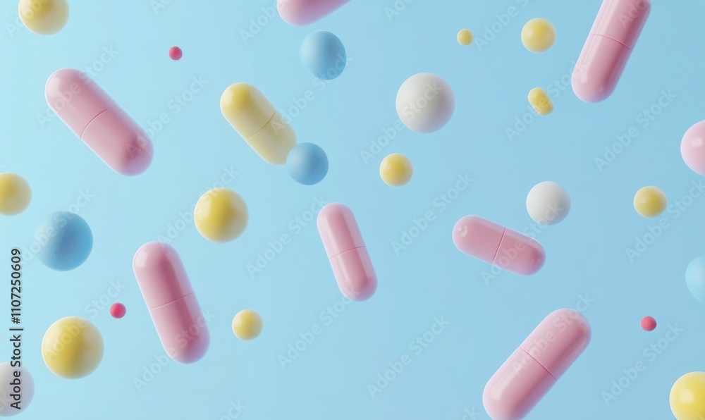 3D Render of Abstract Colorful Pills on Blue Background, Minimalistic Design with Soft Shadows and Volumetric Lighting 3D Render of Abstract Colorful Pills on Blue Background, Minimalistic Design with Soft Shadows and Volumetric Lighting