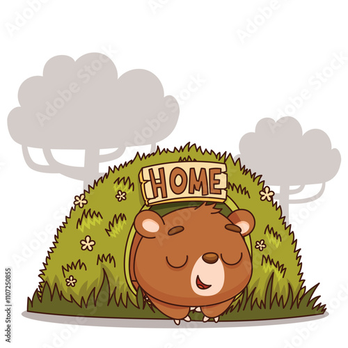 An adorable cartoon bear is peacefully resting in its grassy home, sheltered under gentle trees in a serene setting