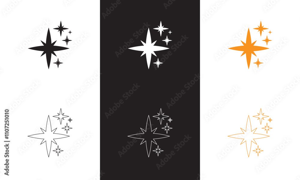 Sparkle Icon. Stars Icon Vector. Sparkling Star Shapes. Twinkling Stars. abstract shining flash symbols, glowing light effect. isolated on white and black background. Vector illustration. EPS 10 Sparkle Icon. Stars Icon Vector. Sparkling Star Shapes. Twinkling Stars. abstract shining flash symbols, glowing light effect. isolated on white and black background. Vector illustration. EPS 10