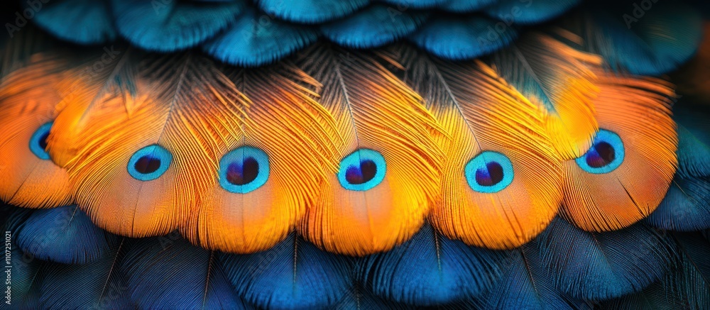 Obraz premium Vibrant orange and blue bird feathers with iridescent eyespots.