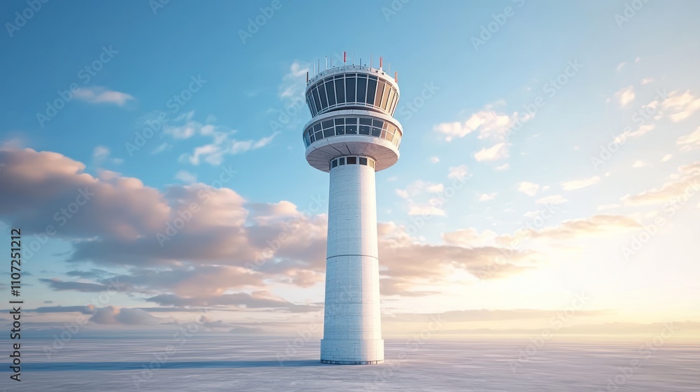 A modern control tower stands tall against a serene sky, showcasing its architectural design amidst a beautiful landscape. A modern control tower stands tall against a serene sky, showcasing its architectural design amidst a beautiful landscape.