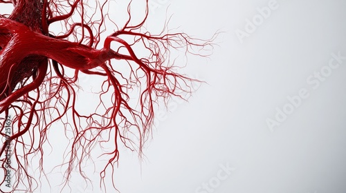 An abstract representation of the circulatory system with arteries and veins highlighted against a light grey background, macro shot, Minimalist style photo