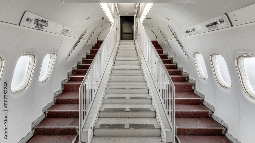 Obraz premium A staircase inside an aircraft, leading to an upper deck, featuring a modern, minimalist design with large windows and a clean aesthetic.