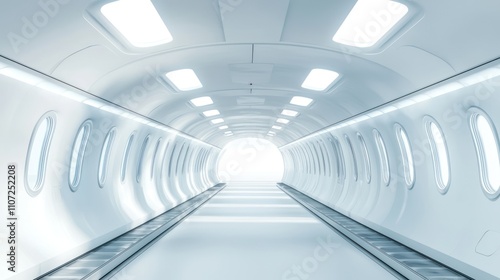 A futuristic, illuminated tunnel with a bright light at the end, featuring smooth white walls and circular windows.