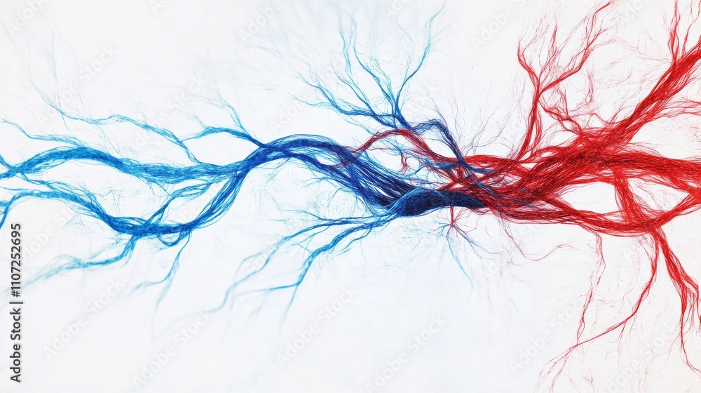 An abstract representation of the human circulatory system with flowing red and blue lines symbolizing blood flow, set against a soft, neutral background An abstract representation of the human circulatory system with flowing red and blue lines symbolizing blood flow, set against a soft, neutral background