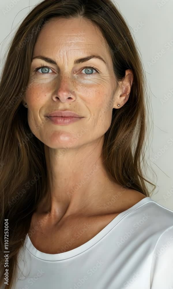 A woman with long brown hair is wearing a white shirt. She has a smile on her face and is looking directly at the camera A woman with long brown hair is wearing a white shirt. She has a smile on her face and is looking directly at the camera