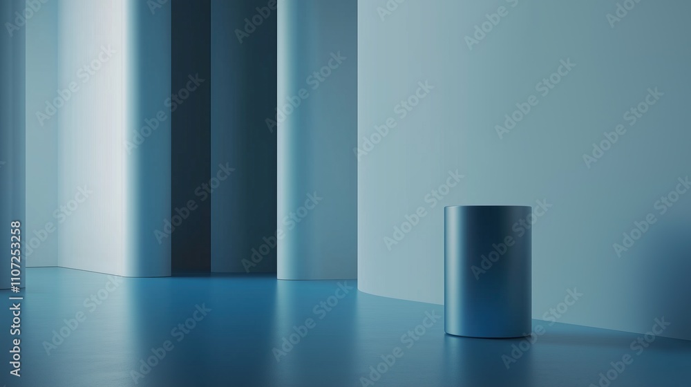 Minimalist interior with cylindrical object in tranquil blue setting Minimalist interior with cylindrical object in tranquil blue setting