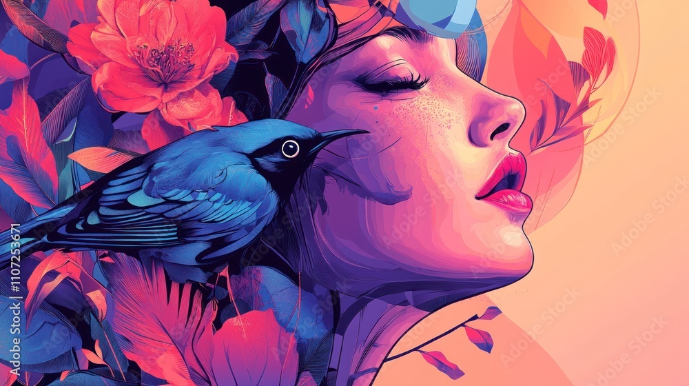 Fototapeta premium Serene woman profile with vibrant flowers and a blue bird.