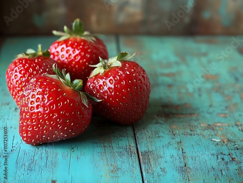 Fresh red strawberries on rustic turquoise table with vibrant natural lighting photo