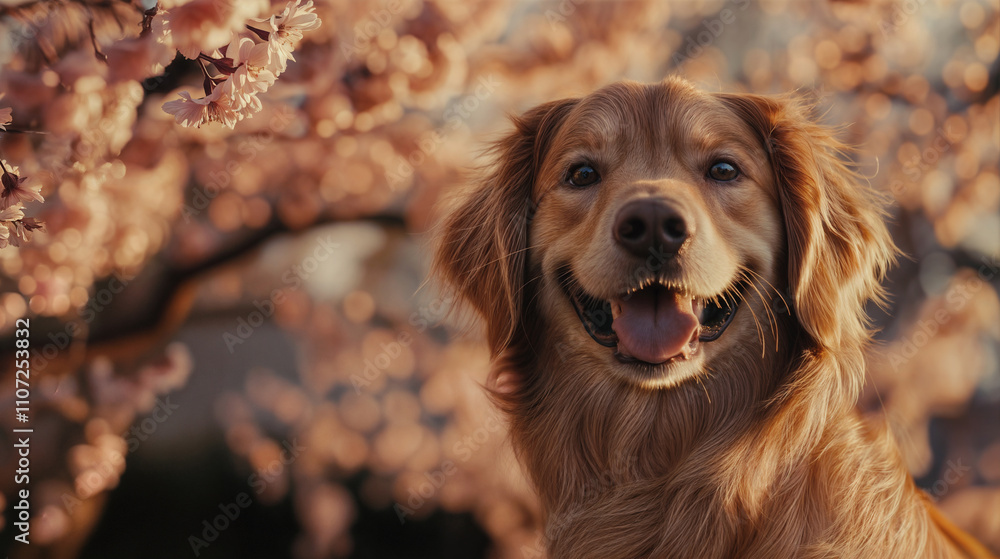 A dog's smile with cherry blossoms in the spring sunshine A dog's smile with cherry blossoms in the spring sunshine