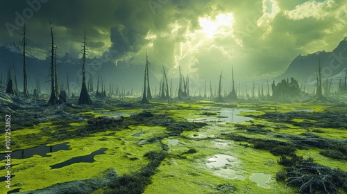 Eerie swamp landscape with dead trees, vibrant green moss, and a dramatic sky. Perfect for post-apocalyptic, fantasy, or environmental themes.