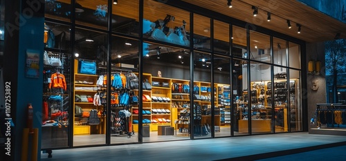 A modern retail store showcasing outdoor apparel and gear.