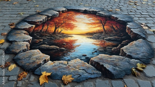 3D street art piece depicts a vibrant autumn scene with a tranquil river and colorful trees. The artwork creates an illusion of depth, inviting viewers into a magical landscape.