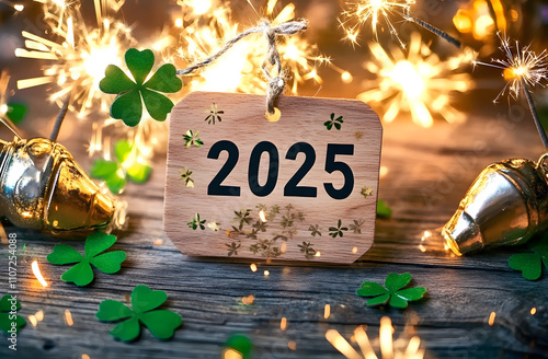 Wooden hang tag and slate with four leaf clover and sparklers with happy new year 2025 on wooden weathered background photo