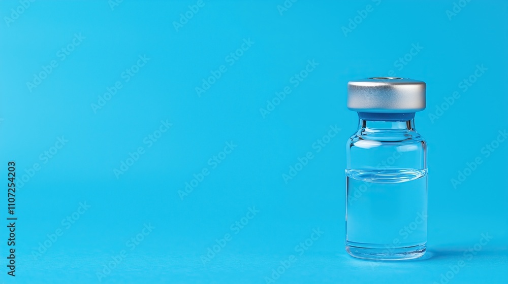 Clear vaccine vial with silver lid on bright blue background copy space healthcare medicine mockup product Clear vaccine vial with silver lid on bright blue background copy space healthcare medicine mockup product