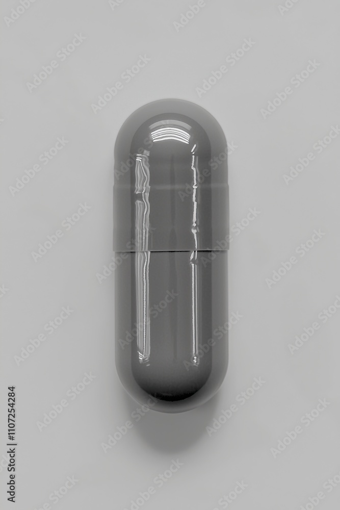 Sleek glossy gray capsule resting on smooth surface top view vertical format Sleek glossy gray capsule resting on smooth surface top view vertical format