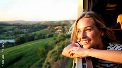 Young woman travel with train and enjoy landscape - Holiday, travel and vacation concept - Model by AI generative 