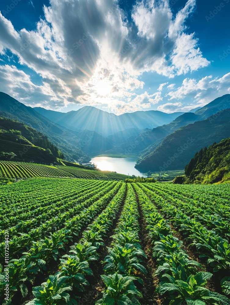 Serene Mountain Valley Farmland Under a Majestic Sky Serene Mountain Valley Farmland Under a Majestic Sky