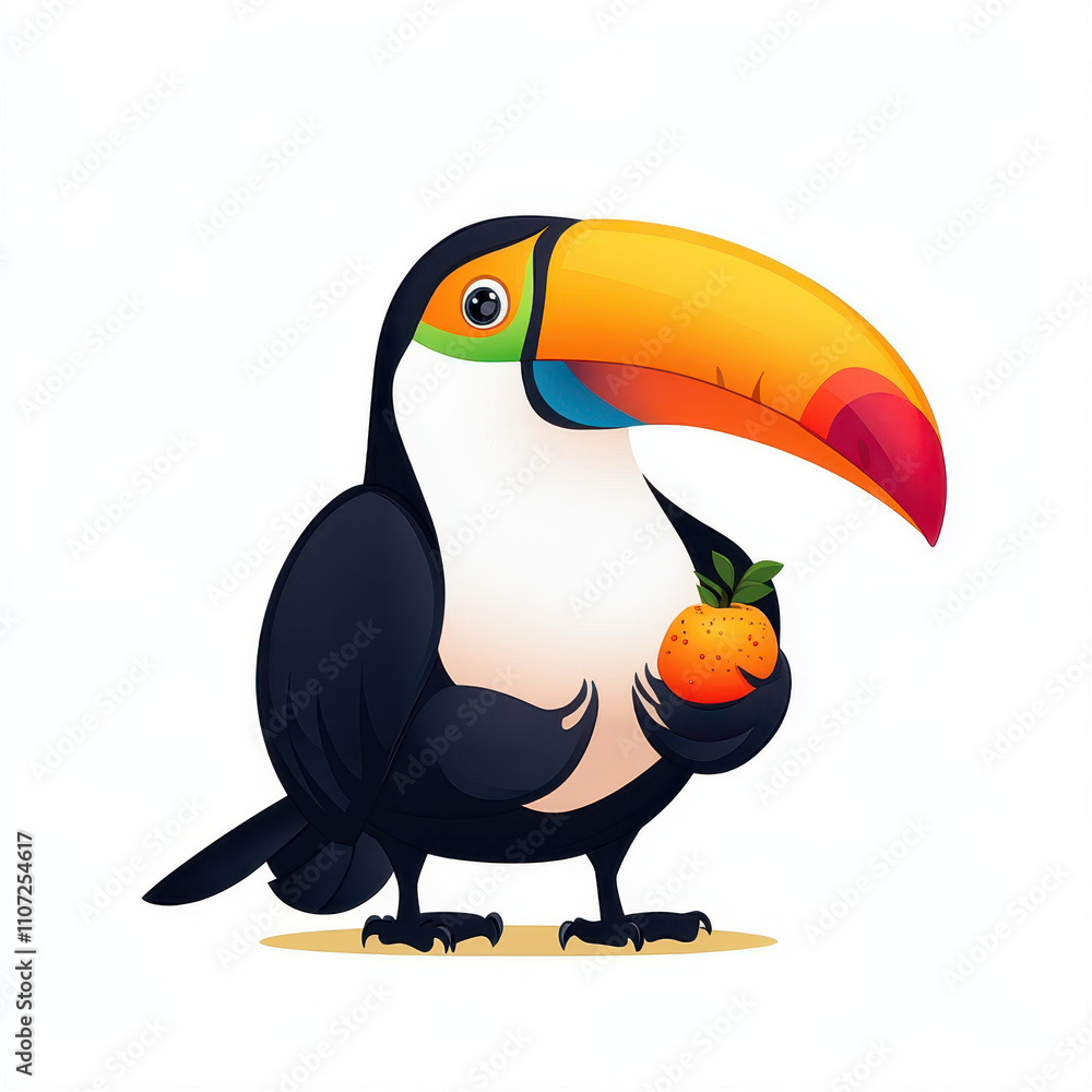Naklejka premium cartoon toucan with vibrant beak holding orange fruit