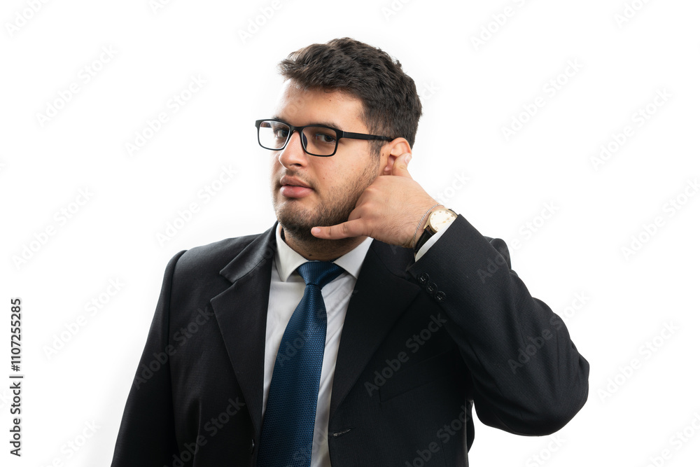 Corporate businessman making phone gesture using fingers Corporate businessman making phone gesture using fingers