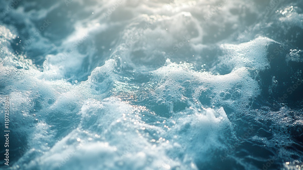 Fototapeta premium A close-up view of shimmering ocean waves, with foamy bubbles creating a rich texture. Light dances on the surface, evoking a sense of refreshment and tranquil movement.