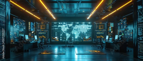 A futuristic control room featuring high-tech displays, ambient lighting, and an illuminated world map, creating a cutting-edge digital environment.