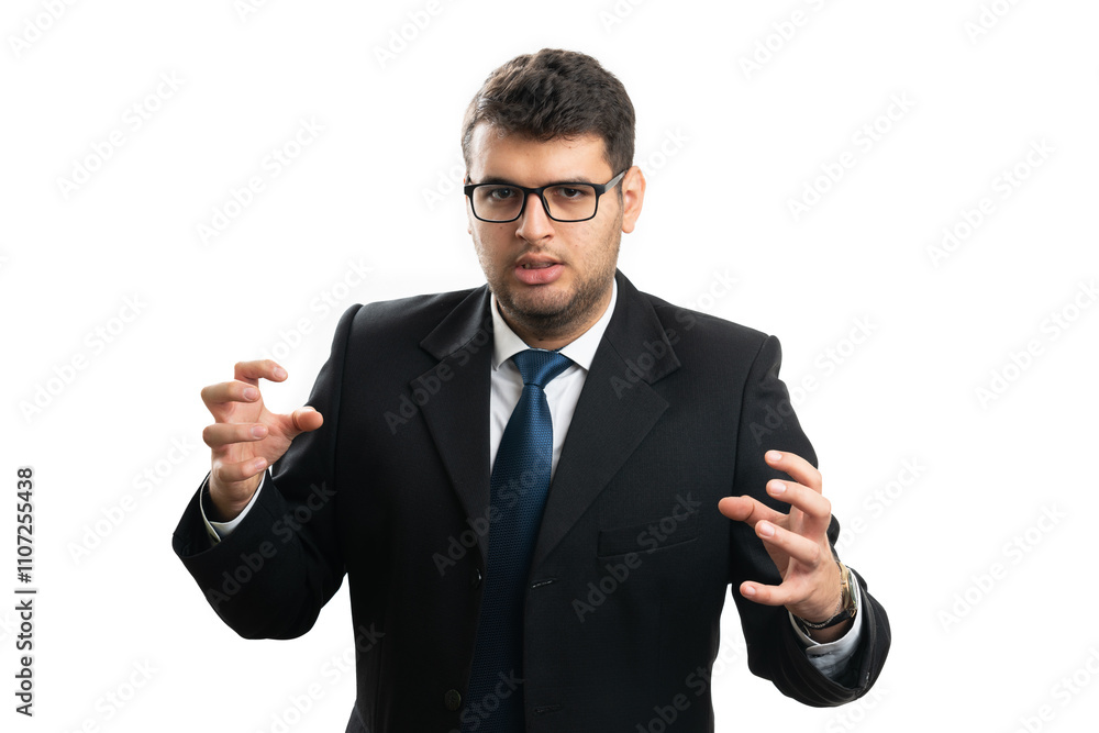 Businessman with angry expression making gesture using hands Businessman with angry expression making gesture using hands