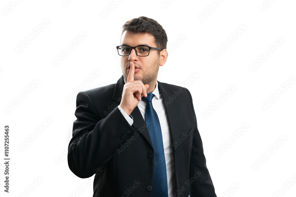 Adult businessman covering mouth making secret shush gesture Adult businessman covering mouth making secret shush gesture