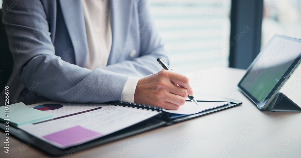 Business person, hands and writing with tablet for analytics, planning or corporate statistics at office. Japan, financial analyst and technology with documents or paperwork for performance review Business person, hands and writing with tablet for analytics, planning or corporate statistics at office. Japan, financial analyst and technology with documents or paperwork for performance review
