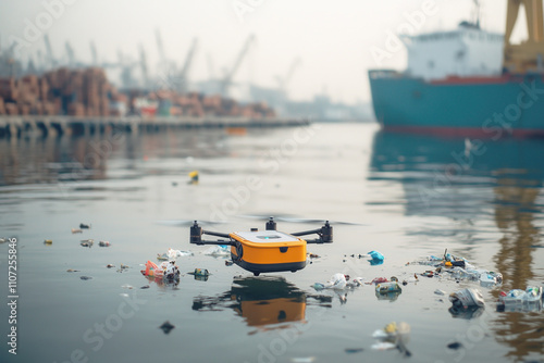 Drone technology used to monitor water pollution near a cargo ship, addressing environmental issues and advancing cleaner solutions for the future photo