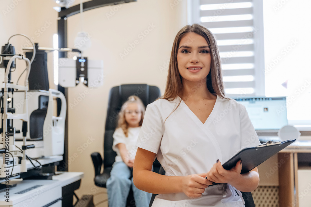 With notepad in hands. Little girl at the ophthalmologist clinic with doctor With notepad in hands. Little girl at the ophthalmologist clinic with doctor