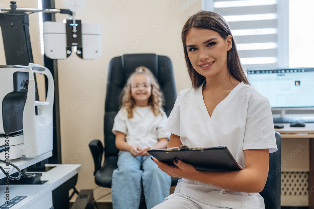 Woman is with notepad. Little girl at the ophthalmologist clinic with doctor Woman is with notepad. Little girl at the ophthalmologist clinic with doctor