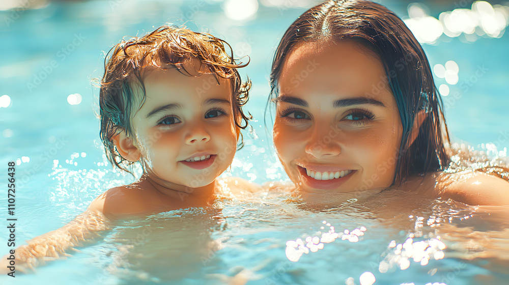 Child playing in the pool together with mother Child playing in the pool together with mother