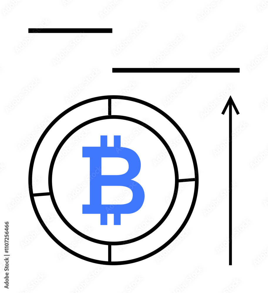 Obraz premium Circular frame with Bitcoin symbol and upward arrow in minimalist design. Ideal for cryptocurrency, finance, growth, investment, minimalism, technology, and progress. Line metaphor