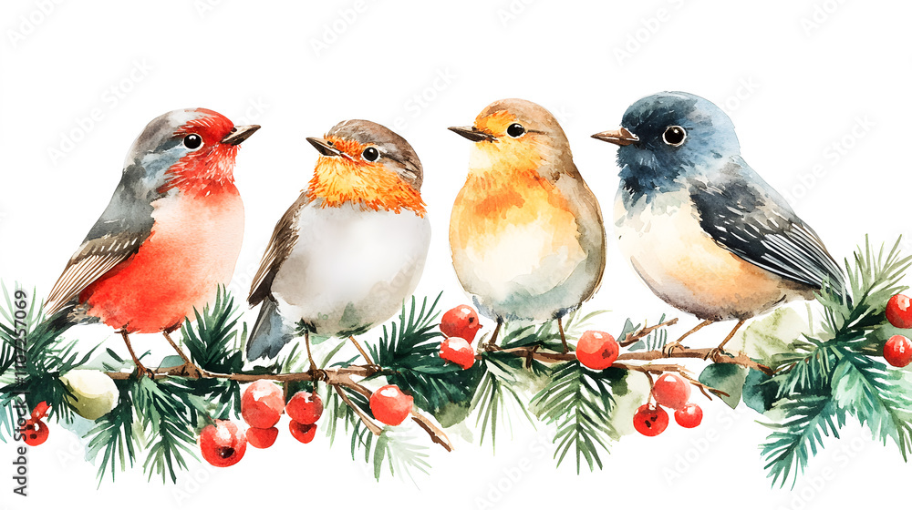Christmas Set of Birds Watercolour Animal Characters Isolated on White Background Christmas Set of Birds Watercolour Animal Characters Isolated on White Background