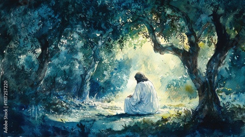 Watercolor depicting Jesus praying in the Garden of Gethsemane before his arrest.