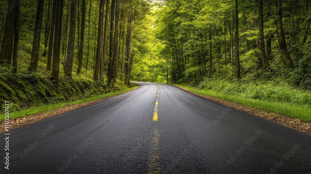 Obraz premium Empty road through dense green forest with tall trees