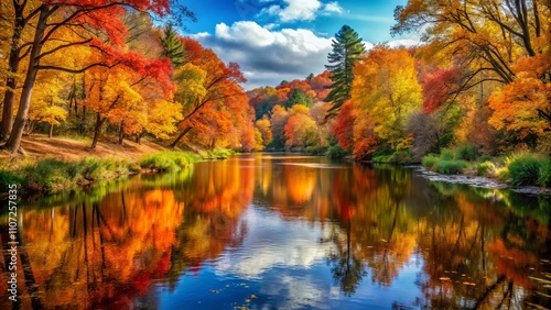 Serene River Flowing Through Vibrant Autumn Foliage with Golden and Red Leaves, Capturing the Beauty of Fall Reflections in Nature Photography